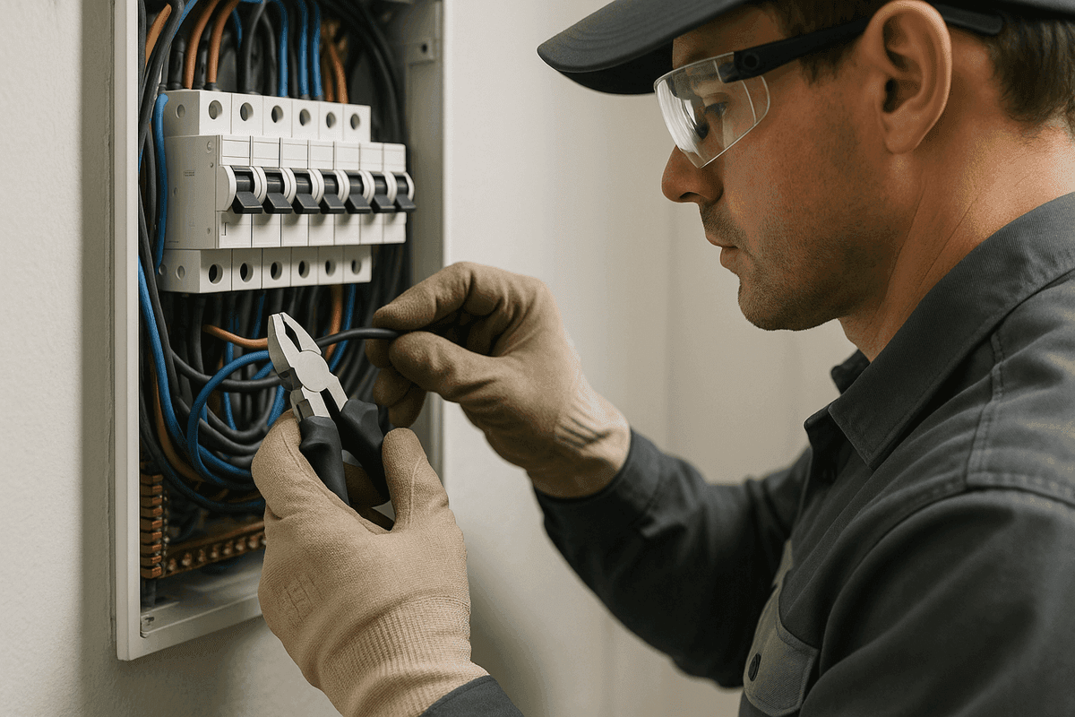 Close-up of electrician's gloved hands wiring a modern electrical panel indoors