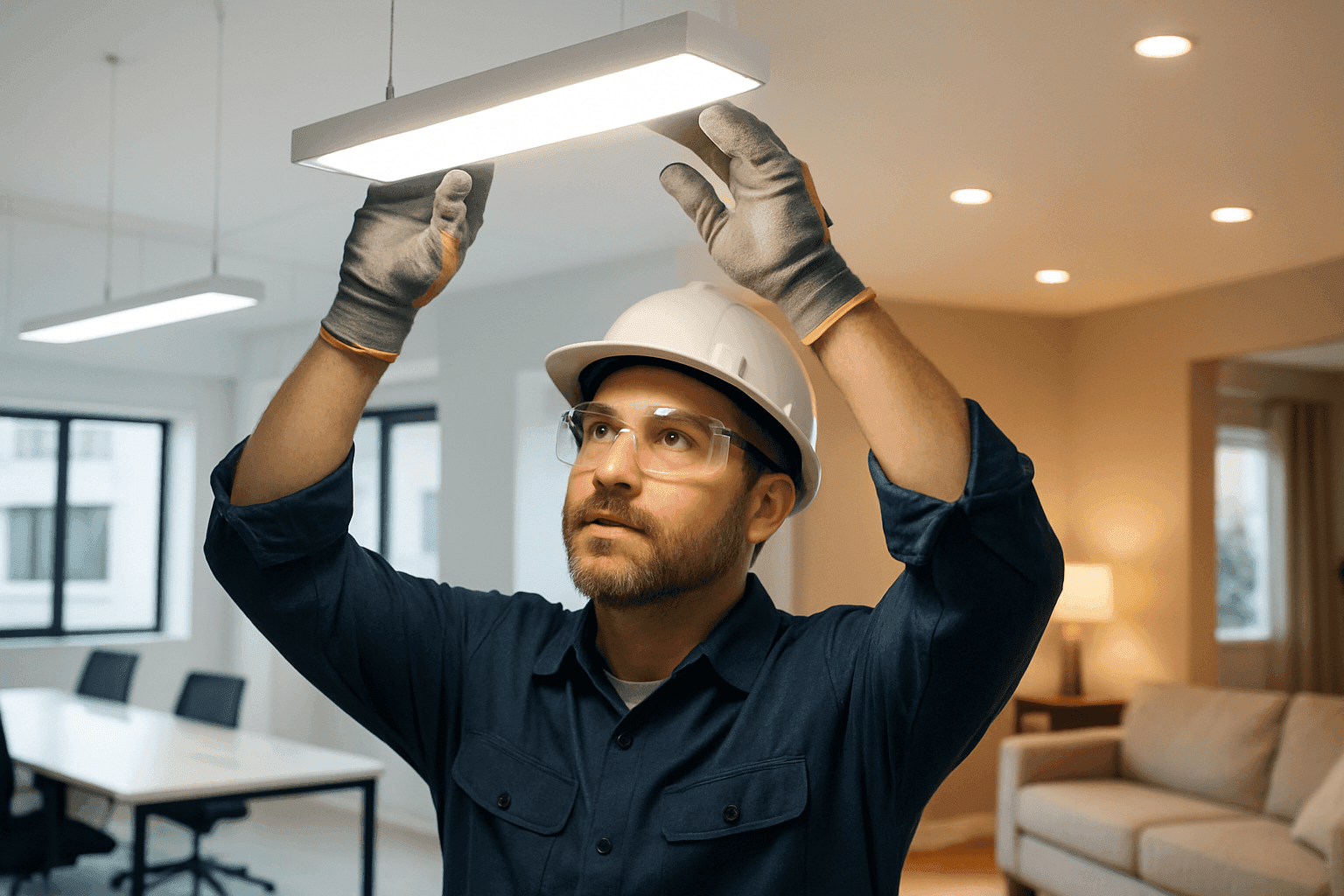 Electrician adjusting modern LED lighting in office and home environments